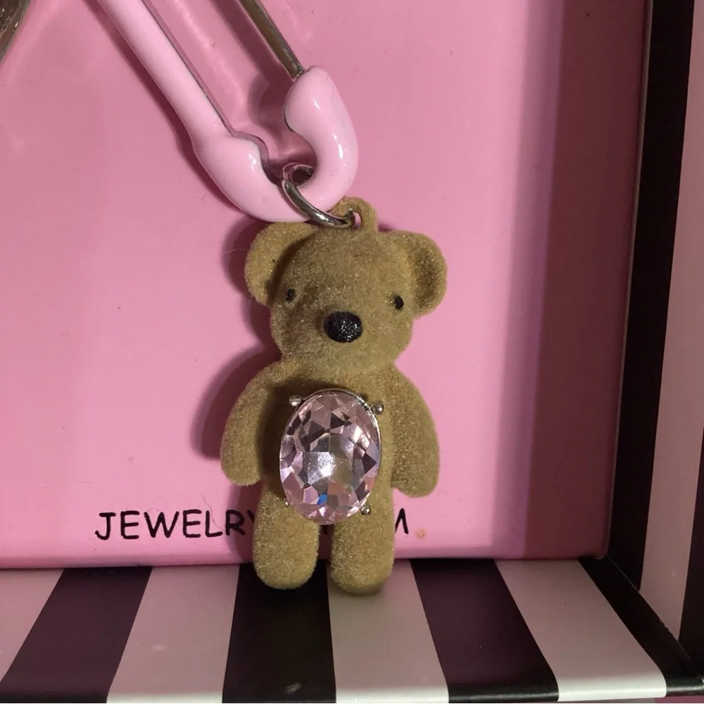 Betsey Johnson Pink Safety Pin Jewel Studded Teddy Bear Keychain Bag Charm NIB